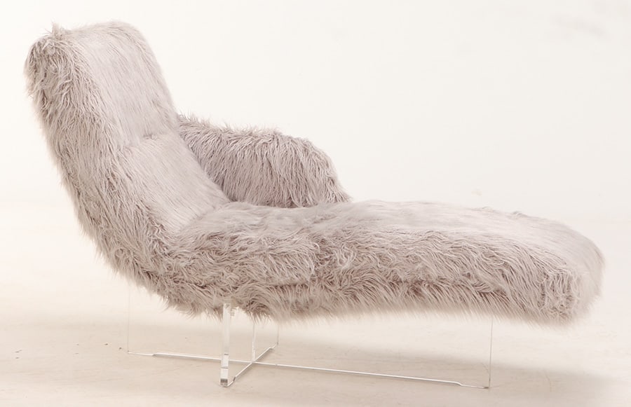 UPHOLSTERED CHAISE LOUNGE ON A LUCITE BASE IN THE MANNER OF KAGAN WITH "SHAGGY" UPHOLSTERY. (1 of 7)
