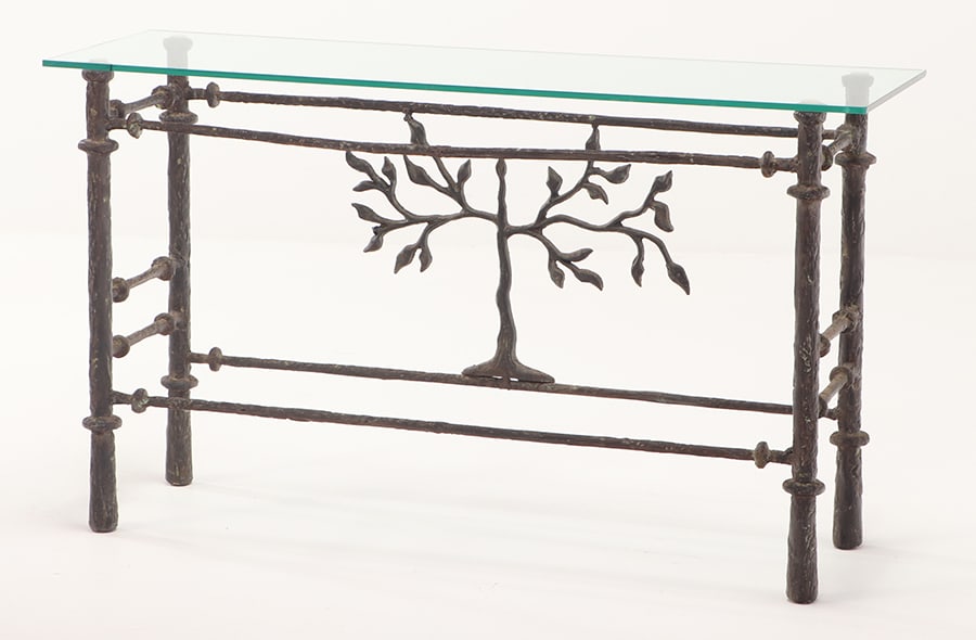 BRONZE AND  GLASS CONSOLE TABLE IN THE MANNER OF GIACOMETTI. (1 of 7)