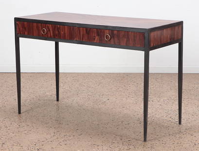 AN IRON DESK WITH TWO DRAWERS AND VIBRANT EXOTIC: An iron desk with two drawers and vibrant exotic rosewood top. Ht: 30.75" Wd: 47.25" Dpth: 19.75"