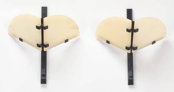 PAIR PIERRE CHAREAU DRAGONFLY WALL SCONCES HAVING BLACK ENAMELED IRON FRAMES, C1920S.: A pair of Pierre Chareau Dragonfly wall sconces having black enameled iron frames with alabaster panels C 1920s. Ht: 16" Wd: 14.5" Dpth: 9.5"