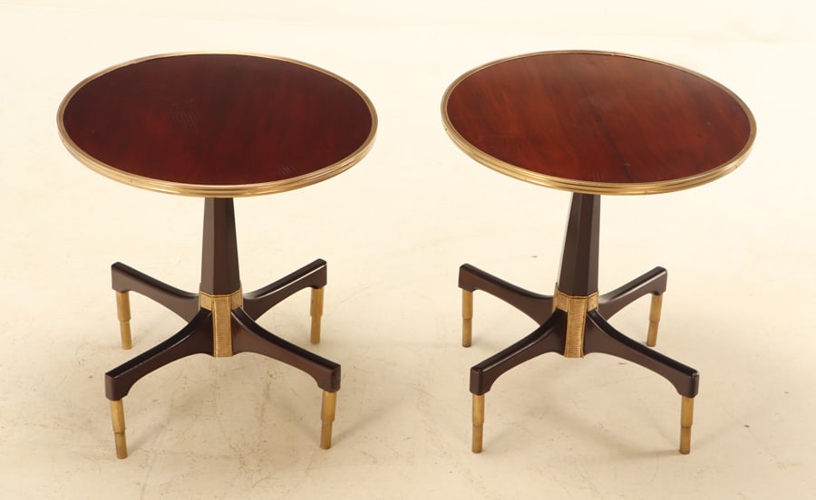 PAIR OF BRONZE MOUNTED WOOD WITH EBONIZED DETAILS "ROCKET SHIP" TABLES. (1 of 5)