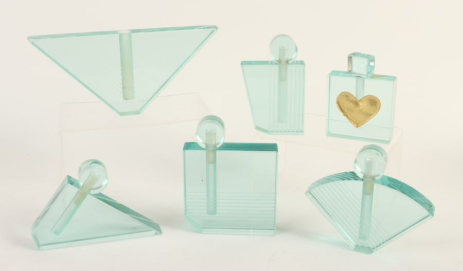 SIX MAX LESER POSTMODERN ART GLASS PERFUME BOTTLES, EACH SIGNED LESER CIRCA 1980S (1 of 7)