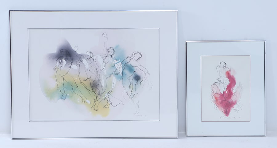 JUDITH BROWN (AMERICAN, 1932-1992) TWO WATERCOLOR PAINTINGS DEPICING FEMALE NUDES CIRCA 1989: Judith Brown (American, 1932-1992) Two watercolor paintings depicting female nudes circa 1989. Watercolor on paper, each signed Judith Brown '89. Largest Image: 20" x 28" Ht: 28" Wd: 36"
