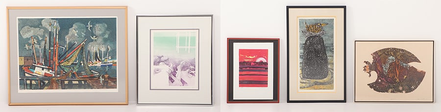 FIVE SIGNED PRINTS: Five Signed prints. Millard Sheets "Shrimp Boats" serigraph 187/250 B.Hogg "Sea Bird", aquatint AP Illegibly Signed "Moon Whale", intaglio print A/P Leonard Cremonini, untitled etching 22/99 Nissan En