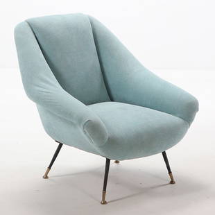 GIGI RADICE ITALIAN LOUNGE CHAIR C 1960.: A mid century modern Gigi Radice Italian lounge chair having continuous arms and raised on bronze trimmed metal legs circa 1960. Recently reupholstered in aqua color fabric. Ht: 31.5" Wd: 31" Dpth: 31