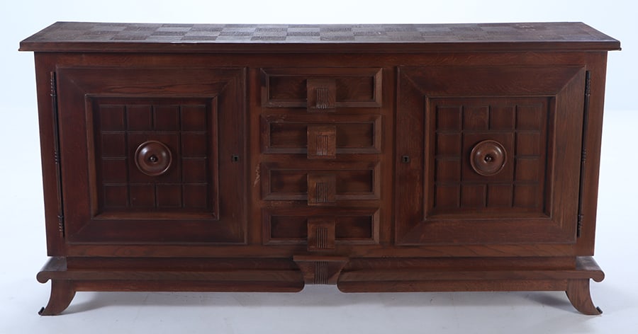 FRENCH OAK SIDEBOARD IN THE MANNER OF CHARLES DUDOUYT HAVING TWO DOORS AND FOUR DRAWERS C 1940. (1 of 7)