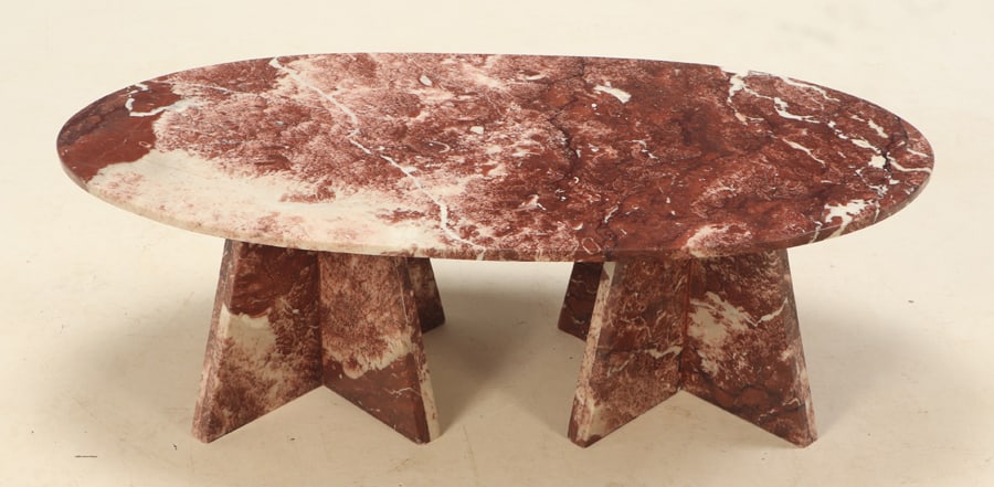 OVAL DOUBLE PEDESTAL MARBLE TOP COFFEE TABLE. (1 of 5)