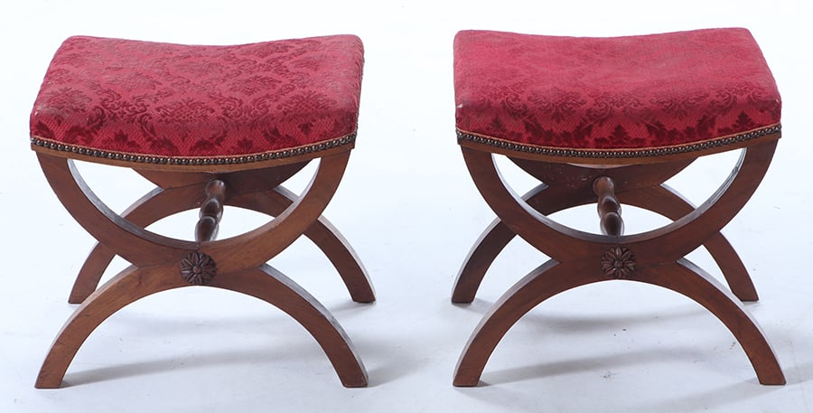 PAIR SOLID MAHOGANY CERULE FORM UPHOLSTERED STOOLS C 1930. (1 of 6)