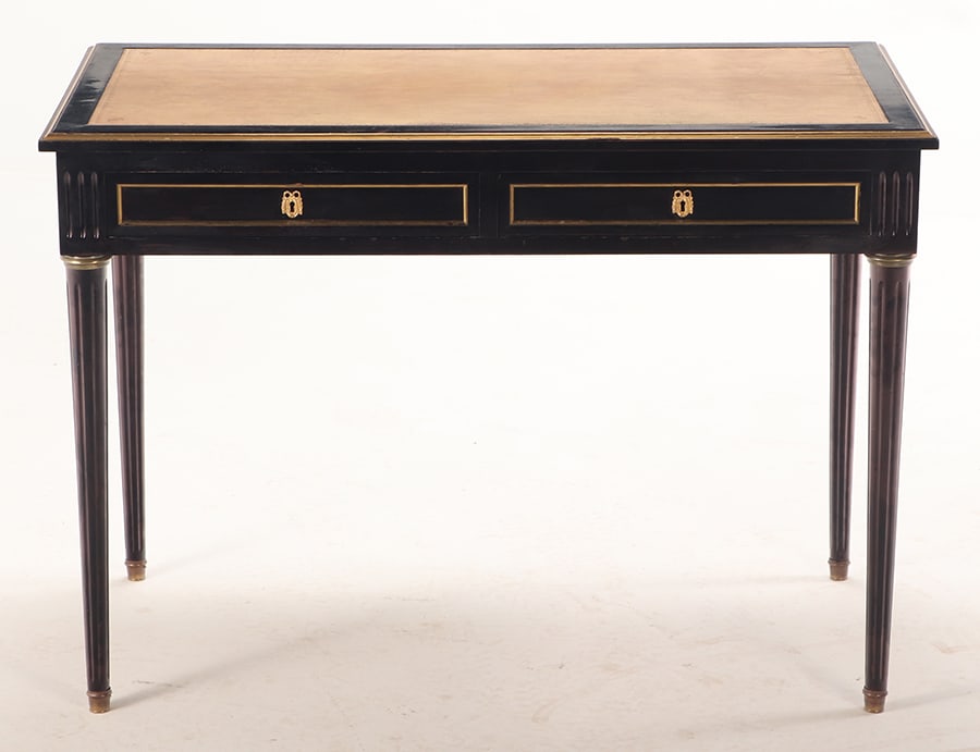 FRENCH EBONIZED LOUIS XVI STYLE LEATHER TOP WRITING DESK WITH PULL OUT SLIDES C 1940. (1 of 7)