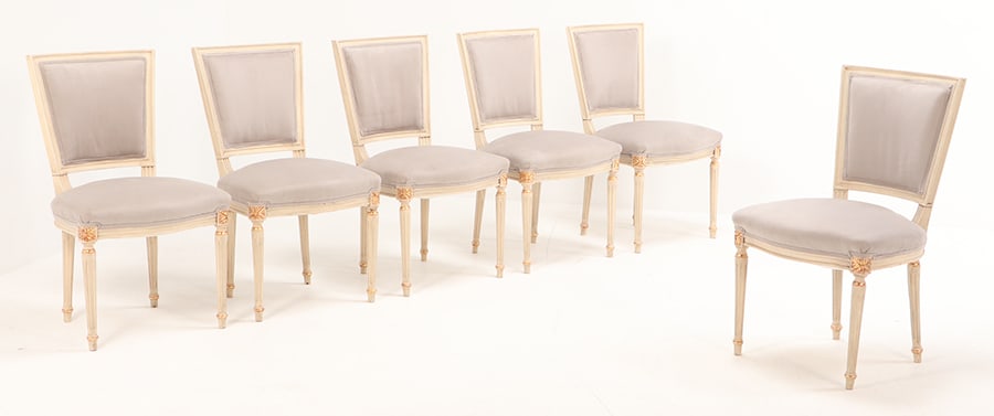 PAINTED AND GILT LOUIS XVI STYLE DINING CHAIRS WITH RECENT FABRIC C 1950. (1 of 6)