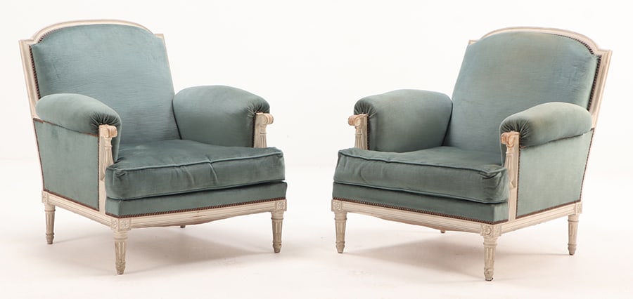 PAIR FRENCH PAINTED LOUIS XVI STYLE OVER STUFFED BERGERE CHAIRS C 1950. (1 of 6)