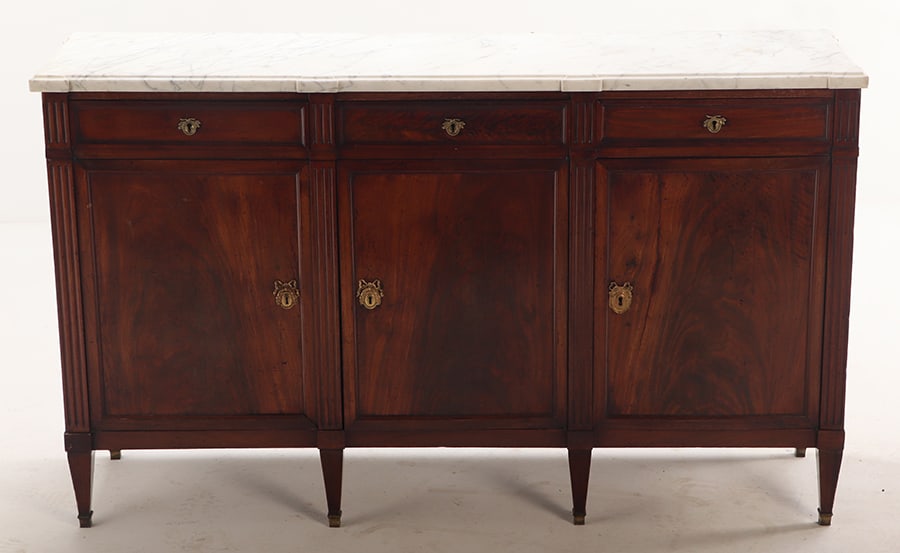 NINETEENTH CENTURY FRENCH MAHOGANY MARBLE TOP SIDEBOARD WITH THREE DRAWERS AND THREE DOORS. (1 of 6)