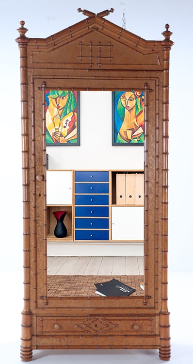 FRENCH FAUX BAMBOO BIRDSEYE MAPLE SINGLE MIRRORED DOOR ARMOIRE C 1880. (1 of 9)
