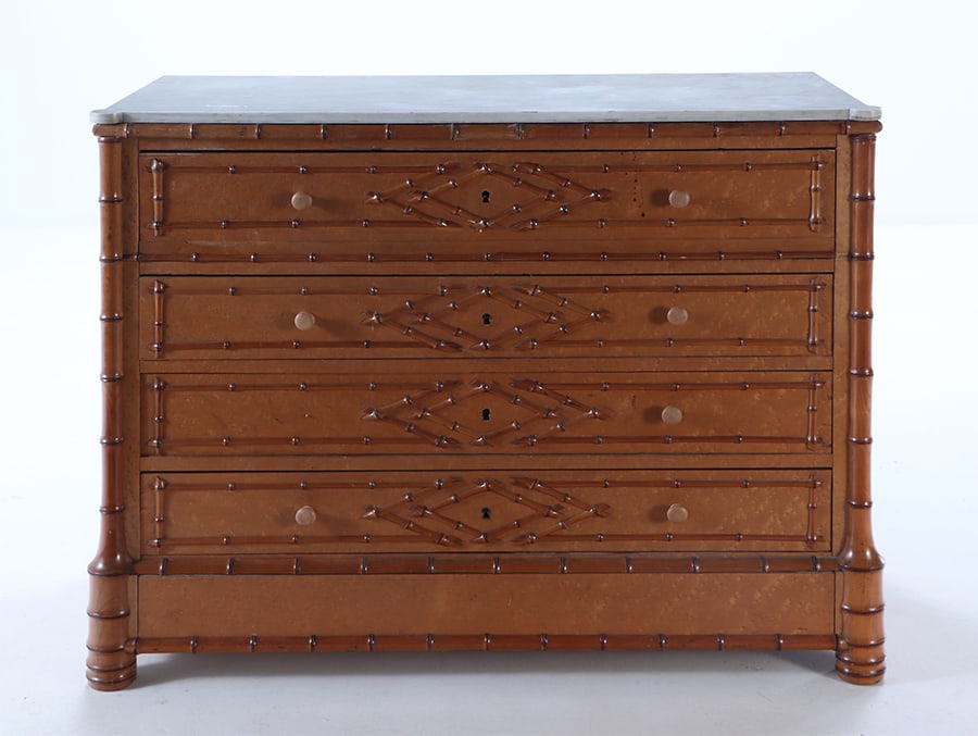 FRENCH FAUX BAMBOO BIRDSEYE MAPLE DRESSER WITH DESK HAVING A MARBLE TOP AND  FOUR DRAWERS C 1880. (1 of 9)