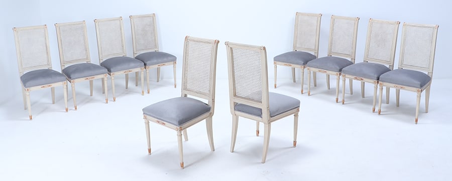 TEN PAINTED AND GILT DIRECTOIRE STYLE CANE BACK DINING ROOM CHAIRS C 1950 WITH NEW FABRIC. (1 of 7)