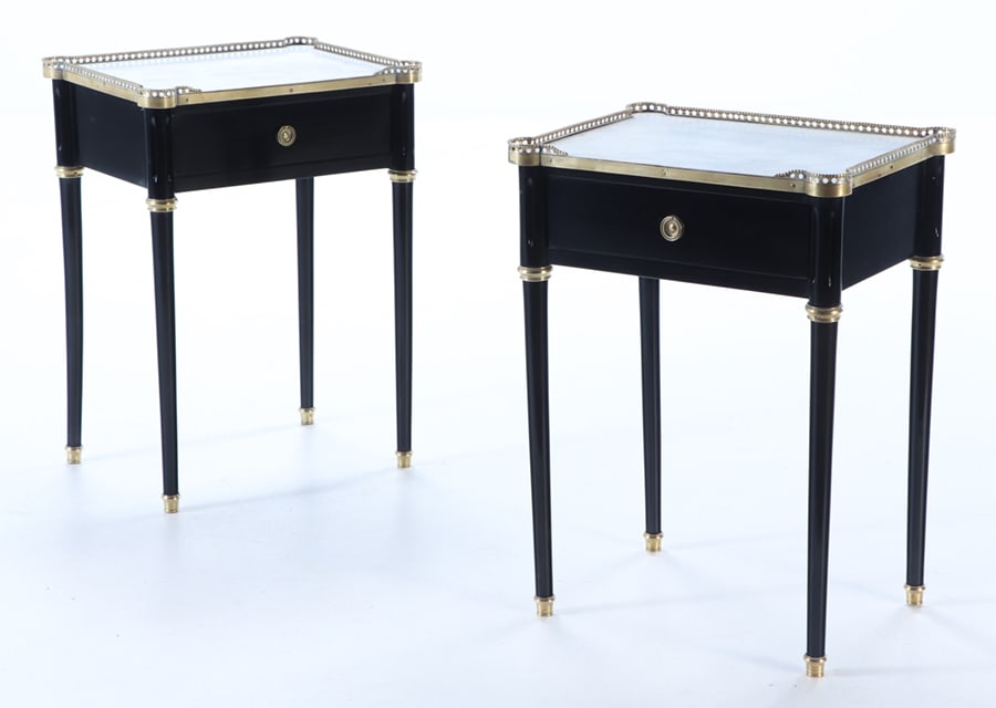 ELEGANT PAIR OF EBONIZED MAHOGANY MARBLE TOP TABLES HAVING A SINGLE DRAWER AND BRONZE GALLERY C (1 of 8)