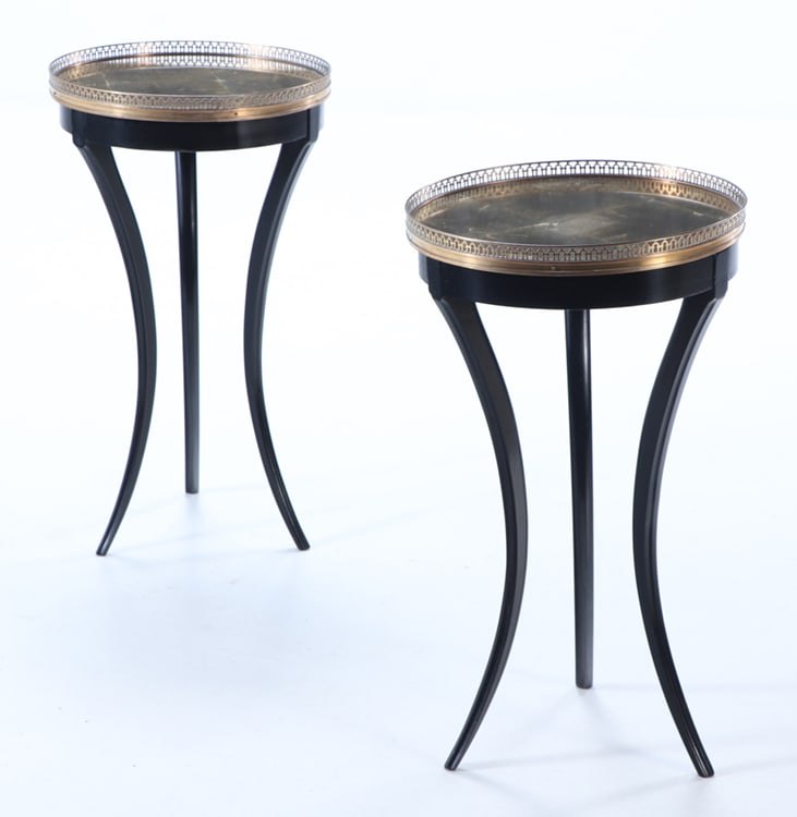 PAIR EBONIZED AND GOLD GILT GLASS TABLES WITH BRONZE GALLERY C 1950. (1 of 7)