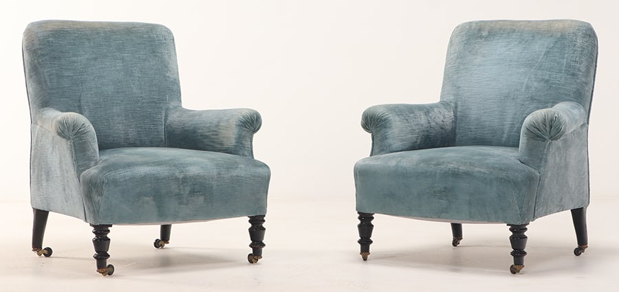 PAIR NINETEENTH CENTURY UPHOLSTERED LIBRARY CHAIRS ON EBONIZED TURNED FEET C 1860. (1 of 5)