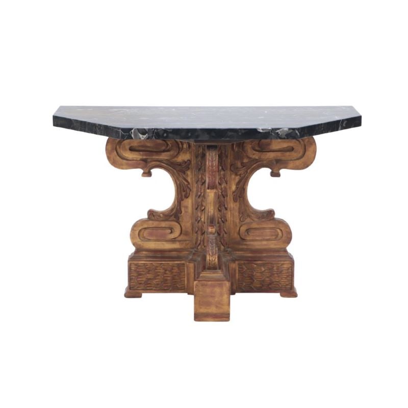 CARVED AND GILTWOOD CONSOLE TABLE HAVING A THICK BLACK MARBLE TOP C 1920. (1 of 5)
