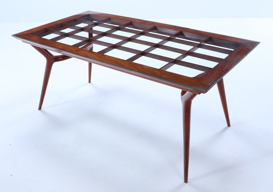 ITALIAN MAHOGANY GLASS TOP DINING TABLE WITH GRID DESIGN IN THE MANNER OF ICO PARISI C 1950. (1 of 6)