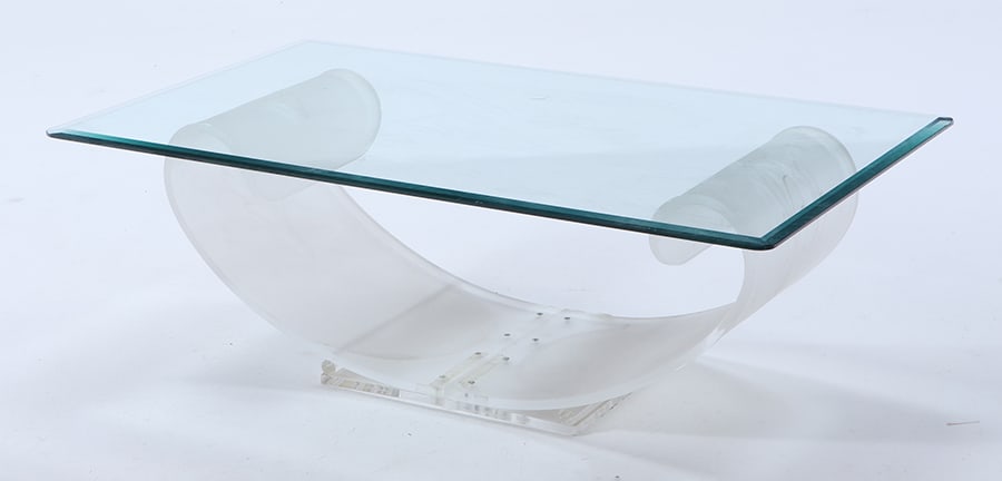 FRENCH FROSTED LUCITE AND GLASS COFFEE WITH INCISED DETAILS C 1970.: French frosted lucite and glass coffee with incised details C 1970. Ht: 15.25" Wd: 47.25" Dpth: 27.5"