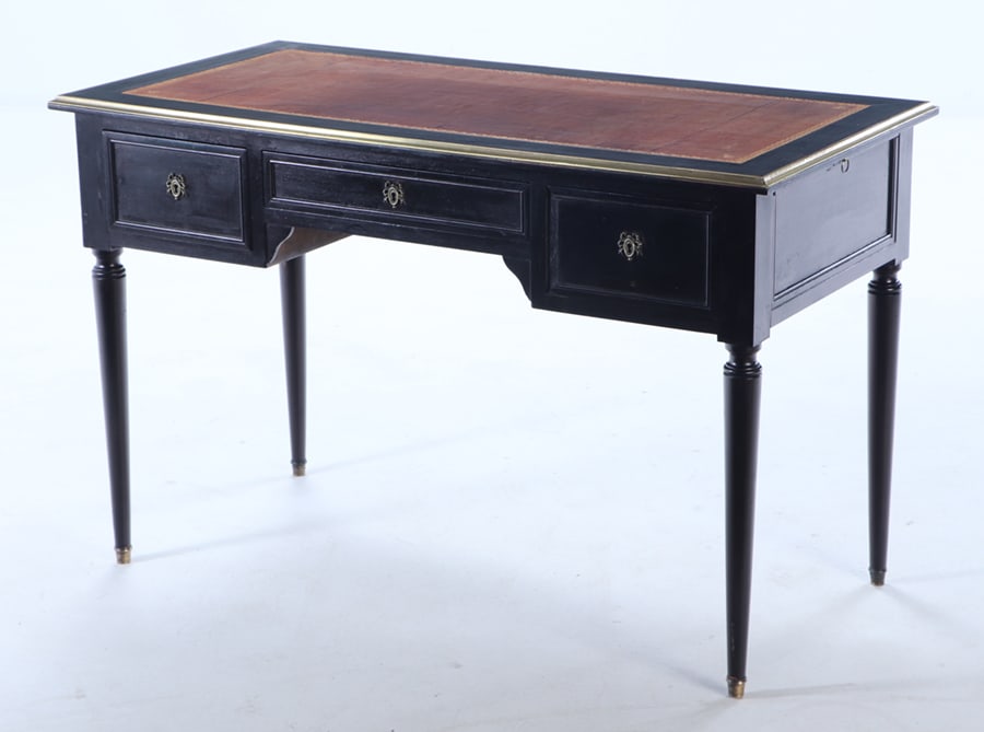 FRENCH DIRECTOIRE STYLE EBONIZED LEATHER TOP WRITING DESK WITH BRONZE TRIMMED TOP AND PULL OUT (1 of 6)