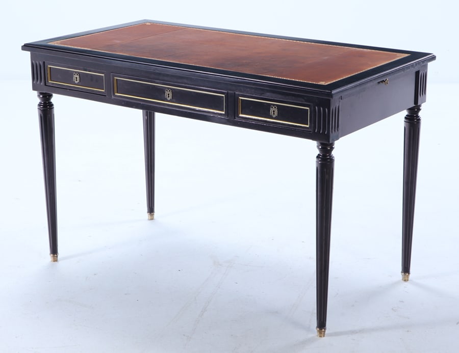 FRENCH LOUIS XVI STYLE EBONIZED LEATHER TOP WRITING DESK WITH PULL OUT SLIDES C 1945. (1 of 6)