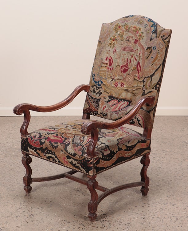 LARGE FRENCH CARVED WALNUT NEEDLEPOINT OPEN ARMCHAIR CIRCA 1900 (1 of 6)