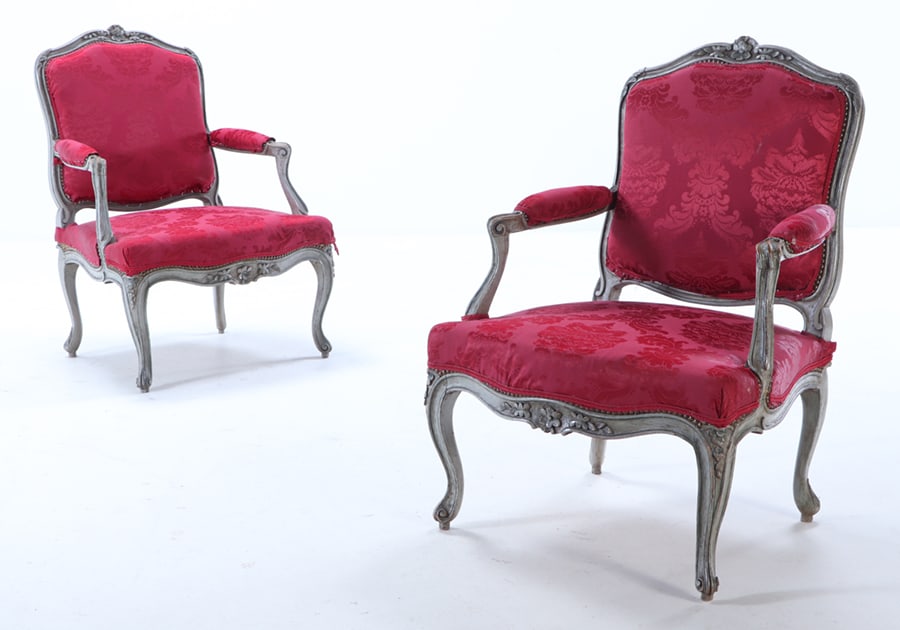 LARGE SCALE PAIR OF PAINTED FRENCH LOUIS XV STYLE OPEN ARM CHAIRS HAVING PEGGED CONSTRUCTION C 1890. (1 of 10)