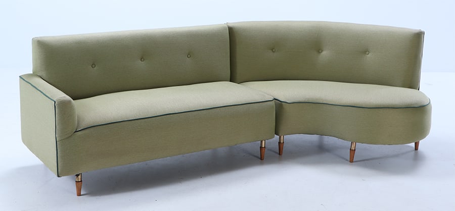 TWO PART ITALIAN SOFA C 1950 WITH WOOD AND BRASS FEET AND NEW FABRIC. (1 of 6)
