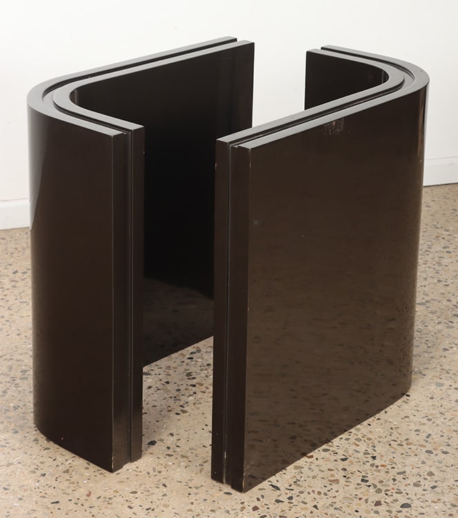 LACQUERED WOOD AND GLASS TOP DINING TABLE WITH: Lacquered wood and glass top dining table with shaped bases C 1965 by Churba. Ht: 29.5" Wd: 90" Dpth: 50"