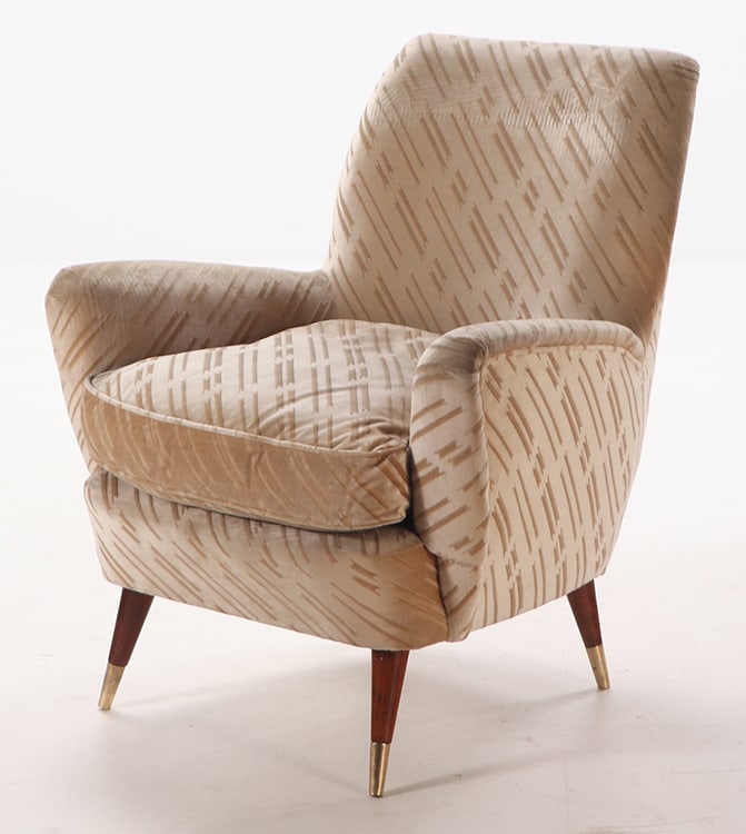 UPHOLSTERED LOUNGE CHAIR IN THE MANNER OF GIO PONTI IN OLD FABRIC C1955. (1 of 6)