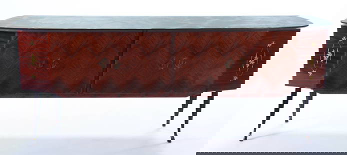 ITALIAN ROSEWOOD SIDEBOARD WITH REVERSE PAINTED FAUX MARBLE GLASS TOP AND FOUR DOORS C 1955.: Italian rosewood sideboard with reverse painted faux marble glass top and four doors C 1955. Ht: 33.75" Wd: 86.5" Dpth: 17.75"