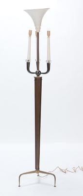 FRENCH TWO-TONE BRASS AND GLASS FLOOR LAMP IN THE MANNER OF ANDRE ARBUS: French two-tone brass and glass floor lamp in the manner of Andre Arbus C 1940. Ht: 70" Wd: 15"