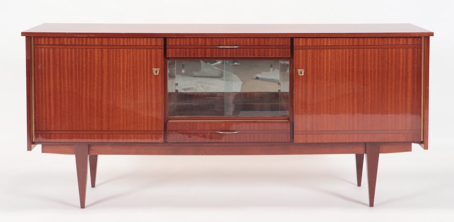 FRENCH MAHOGANY SIDEBOARD C.1960: A French mahogany sideboard C 1960 with central sliding glass doors. Ht: 36" Wd: 79" Dpth: 18.5"