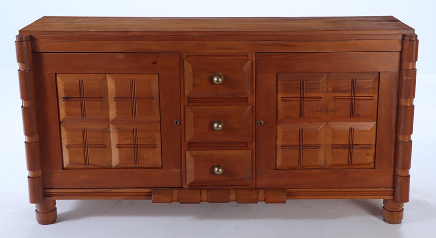 FRENCH CHERRY SIDEBOARD IN THE MANNER OF VICTOR COURTRAY C 1940.: French cherry sideboard in the manner of Victor Courtray C 1940. Ht: 39" Wd: 74" Dpth: 21.25"