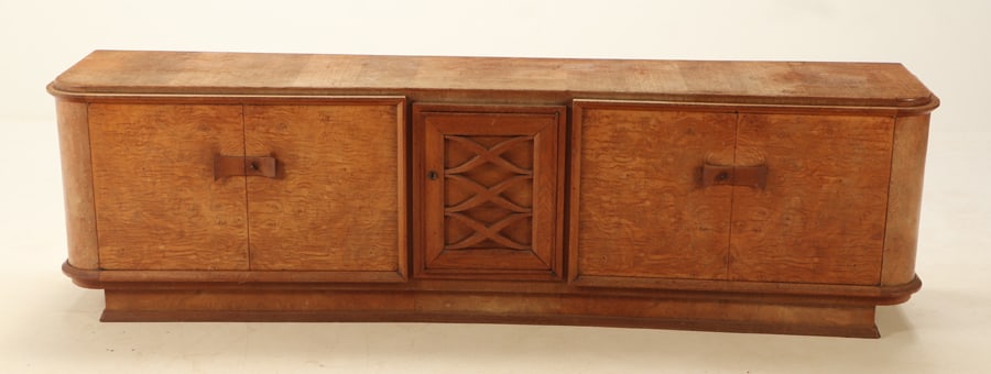 LARGE FRENCH FIGURED ELM AND OAK SIDEBOARD WITH FITTED INTERIOR C 1940. (1 of 7)