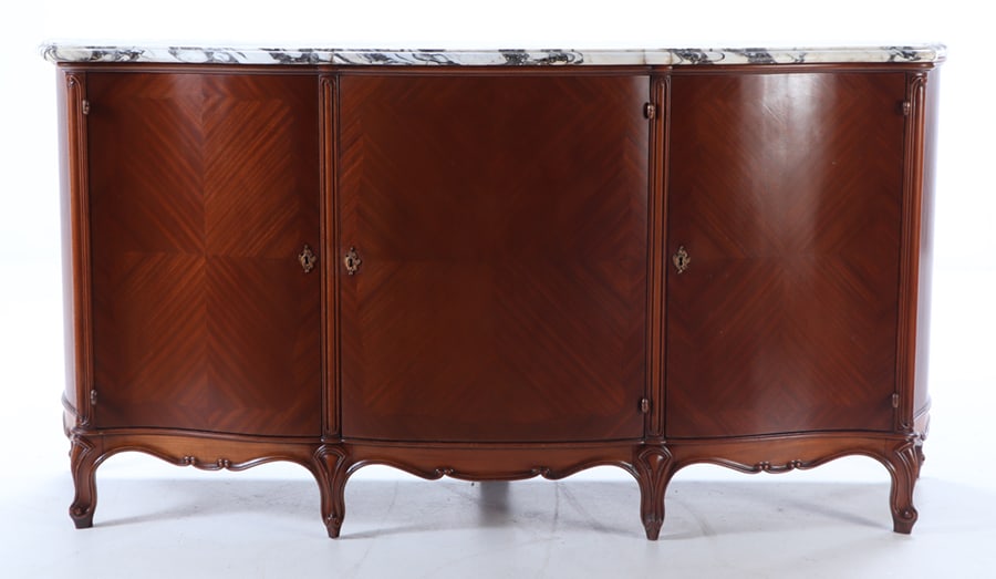 LOUIS XV STYLE MARBLE TOP SIDEBOARD HAVING THREE DOORS AND THREE INTERIOR DRAWERS C 1940. (1 of 8)