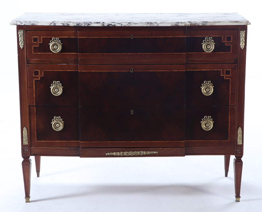 BURL WALNUT AND INLAID LOUIS XIV STYLE MARBLE TOP BRONZE MOUNTED DRESSER C 1950.: Burl walnut and inlaid Louis XIV style marble top bronze mounted dresser C 1950. Ht: 36.75" Wd: 46" Dpth: 19.75"