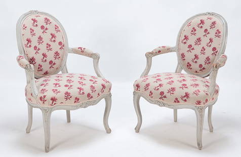 PAIR FRENCH LOUIS XV PAINTED OPEN ARM CHAIRS C 1820.: Pair French Louis XV painted open arm chairs C 1820. Ht: 34" Wd: 23.5" Dpth: 25.75" Seat: 18"