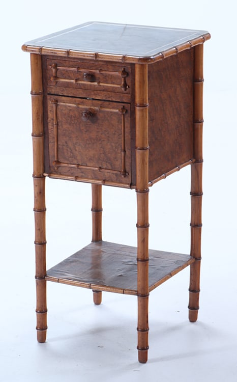 FRENCH BIRDSEYE MAPLE AND FAUX BAMBOO MARBLE TOP NIGHT STAND HAVING A SINGLE DRAWER (1 of 6)