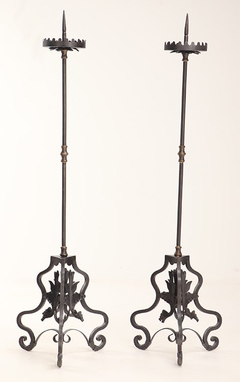 LARGE PAIR OF IRON PRICKET FORM CANDLE STICKS. (1 of 4)