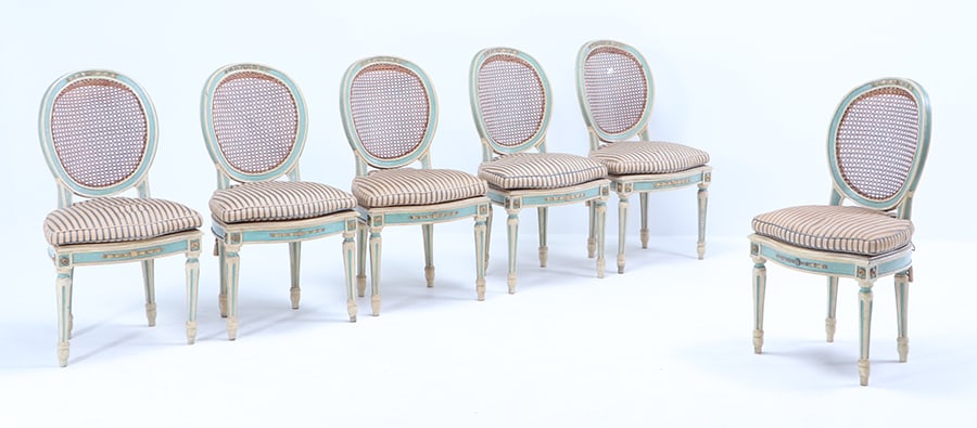 SIX CARVED AND PAINTED ITALIAN DINING CHAIRS WITH CANE BACK AND SEATS C 1830. (1 of 9)