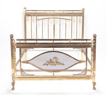 FULL SIZE ITALIAN BRASS BED C.1920: A full size Italian brass bed C 1920 in the Neoclassical taste having an angel driving a horse driven chariot decoration on footboard. Exterior Dimensions: 52" X 84" X 55.5" Interior Dimensions: 75.5"