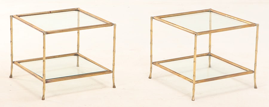 PAIR BRONZE AND GLASS FAUX BAMBOO END TABLES IN THE MANNER OF BAGUES C 1940. (1 of 4)