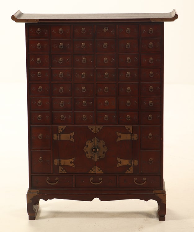 HARD WOOD CHINESE SPICE CABINET.: Hard wood Chinese spice cabinet. Ht: 38" Wd: 29.5" Dpth: 9"