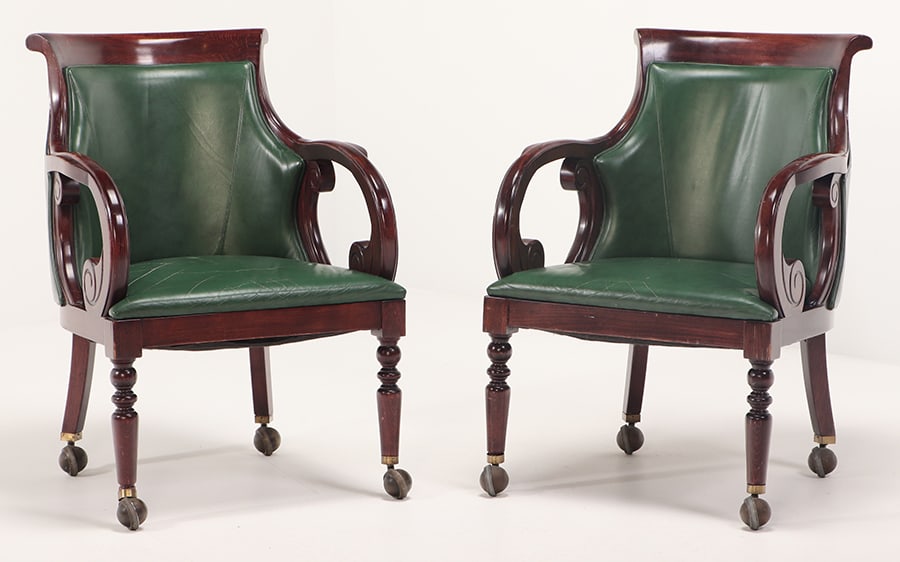 PAIR MAHOGANY EMPIRE STYLE OFFICE CHAIRS ON WHEELS. (1 of 6)