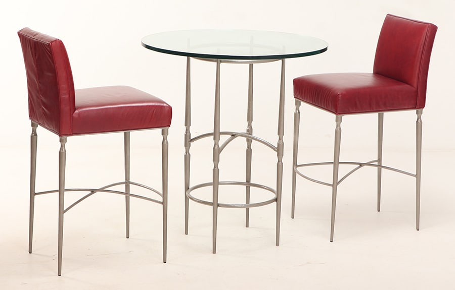 CHARLESTON FORGE HAND HAMMERED IRON BAR STOOLS AND CAFE TABLE.: Charleston Forge hand hammered iron bar stools and cafe table. Ht: 42.5" Wd: 19" Dpth: 21" Seat: 31" (Chair) Ht: 40" Dia: 36" (table)