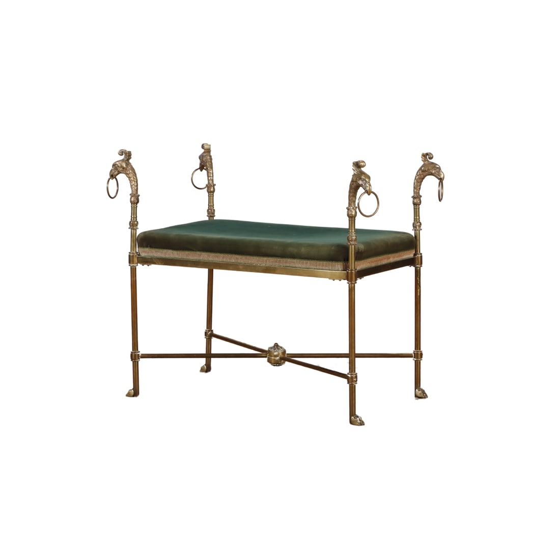 BRONZE BENCH IN THE REGENCY STYLE HAVING BIRD HEAD DECORATION AND CROSS STRETCHER BASE C 1940. (1 of 8)
