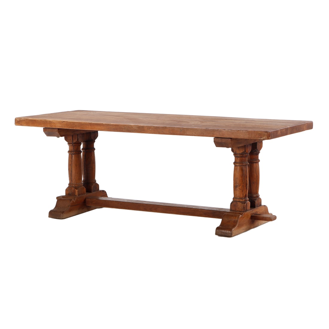 FRENCH OAK FARM TABLE HAVING A SLAB TOP AND DOUBLE COLUMN BASE C 1920. (1 of 6)